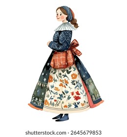 Uma encantadora ilustração em aquarela retrata uma menina de perfil, vestindo um vestido floral vibrante e um envoltório de cabeça azul.