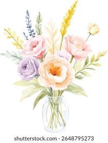 A charming watercolor illustration depicts a pastel floral bouquet in a clear glass jar. The arrangement includes roses in soft pink, peach, and lavender hues, all on a transparent background.