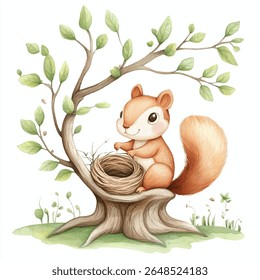 A charming watercolor illustration depicts a squirrel constructing a nest on a tree stump, surrounded by leaves and grass.
