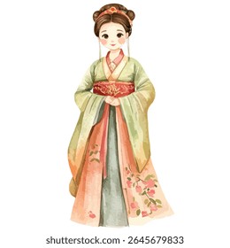 Uma encantadora ilustração em aquarela retrata uma jovem mulher em um Hanfu tradicional, com as mãos agarradas, expressão serena.