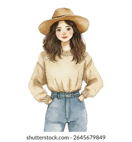 Uma encantadora ilustração em aquarela retrata uma jovem mulher com longos cabelos castanhos, vestindo um suéter bege, jeans azuis e um chapéu de abas largas.