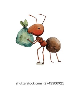 Charming watercolor illustration of a diligent ant carrying a green leaf bundle. Perfect for children's books, nature themes, and educational content, symbolizing hard work.
