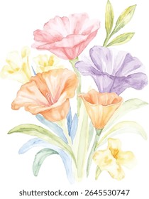 A charming watercolor illustration features a bouquet of soft-hued flowers, including pink, purple, orange, and yellow blossoms, with green leaves, all isolated on a transparent background.