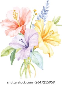 A charming watercolor illustration features a bouquet of three hibiscus flowers in soft peach, lavender, and yellow shades, all isolated on a transparent background.