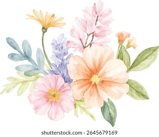 A charming watercolor illustration features a cluster of soft pink, peach, and yellow flowers with delicate purple accents and green leaves, all isolated on a transparent background.