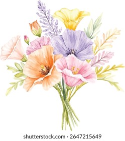 A charming watercolor illustration features a soft bouquet of wildflowers, including poppies, lavender, and other blooms, presented on a transparent background.