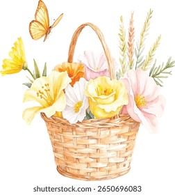 A charming watercolor illustration features a woven basket filled with a vibrant assortment of yellow, orange, and pink flowers, all isolated on a transparent background.