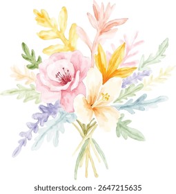 A charming watercolor illustration featuring a bouquet of soft pink and peach flowers, accented with lavender and green foliage, presented isolated on a transparent background.