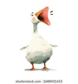 Uma ilustração em aquarela encantadora de um ganso engraçado de desenho animado buzinando alto, perfeito para o conteúdo infantil, desenhos de animais de fazenda ou temas de comunicação divertidos.
