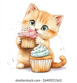 A charming watercolor illustration of a ginger kitten happily eating a cupcake with pink frosting, holding another cupcake.