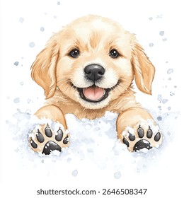 A charming watercolor illustration of a Golden Retriever puppy, peeking over snow, with a happy, open-mouthed expression.