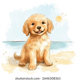 A charming watercolor illustration of a golden retriever puppy sitting on a sandy beach, smiling with its tongue out.