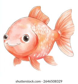 Uma encantadora ilustração em aquarela de um peixinho-dourado, com um corpo redondo, olhos expressivos e barbatanas detalhadas, tudo rendido em tons quentes e convidativos.
