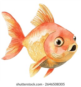 A charming watercolor illustration of a goldfish, showcasing detailed fins and a curious expression. The fish is rendered with soft, warm colors.