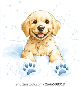 A charming watercolor illustration of a happy Golden Retriever puppy with visible paws in snow. The puppy is smiling.