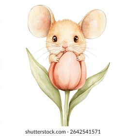 A charming watercolor illustration of a light brown mouse with large ears, peering over a peach-colored tulip, its paws gently holding the petals.