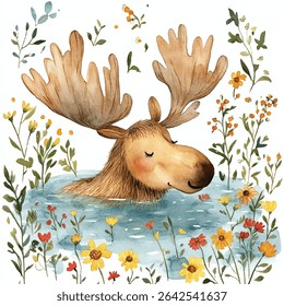 A charming watercolor illustration of a moose with closed eyes, submerged in water, surrounded by colorful flowers.