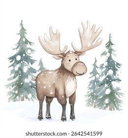A charming watercolor illustration of a moose with large antlers, standing in a snowy scene with evergreen trees. The moose has a friendly expression.