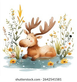 Uma encantadora ilustração aquarela de um alce descansando em uma lagoa, cercada por flores silvestres vibrantes e folhagem verde exuberante. O alce tem uma expressão amigável.