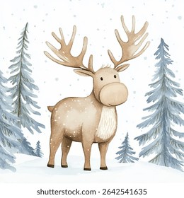 A charming watercolor illustration of a moose standing in a snowy forest, featuring large antlers and evergreen trees.