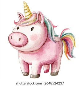Uma encantadora ilustração aquarela de um unicórnio rosa com um chifre dourado, juba arco-íris e uma cauda colorida, de pé.