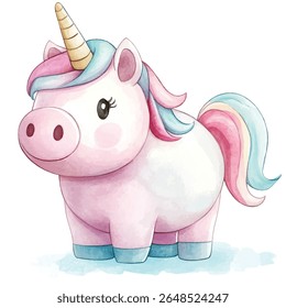 Uma encantadora ilustração aquarela de um unicórnio rosa com um chifre dourado, uma juba colorida e uma expressão feliz.
