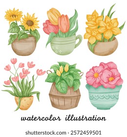 Charming Watercolor Illustration of Potted Plants and Flowers - Sunflowers, Tulips, Daffodils, and Colorful Floral Arrangements in Artistic Pots for Home Decor, Botanical Designs, and Gardening Themes