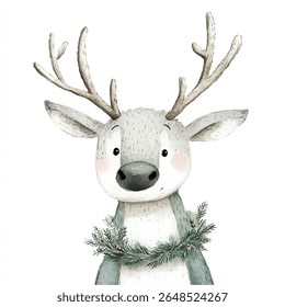 A charming watercolor illustration of a reindeer with a festive wreath around its neck, showcasing a friendly expression.