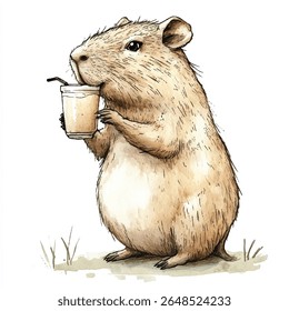 Uma encantadora ilustração em aquarela de um roedor segurando um copo com uma palha, desfrutando de uma bebida. O roedor está parado na grama.
