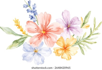 A charming watercolor illustration showcases a cluster of delicate wildflowers in soft pastel colors, including pink, lavender, light blue, and yellow, isolated on a transparent background.