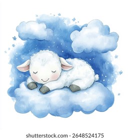 A charming watercolor illustration of a sleeping sheep resting on a soft, blue cloud, with closed eyes and a gentle smile.