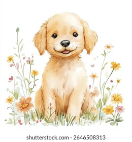 A charming watercolor illustration of a smiling golden retriever puppy sitting amidst wildflowers and grass, with a happy expression.