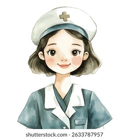A charming watercolor illustration of a smiling nurse wearing a cap with a cross, and a blue uniform.
