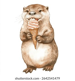 A charming watercolor illustration of a smiling otter enjoying a sweet ice cream cone. The otter is holding the cone with both paws.