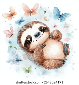 Uma encantadora ilustração em aquarela de uma preguiça sorridente deitada de costas, cercada por borboletas vibrantes, criando uma cena caprichosa.