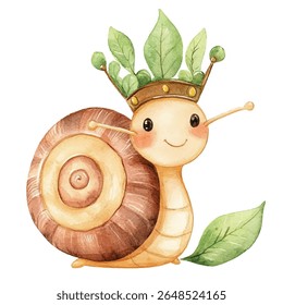 Uma encantadora ilustração aquarela de um caracol sorridente vestindo uma coroa de folha, com uma única folha ao lado dele. O caracol tem uma concha detalhada.
