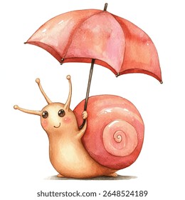 A charming watercolor illustration of a smiling snail holding a red umbrella, showcasing a whimsical and joyful scene.