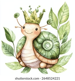 Uma encantadora ilustração em aquarela de um caracol sorridente adornado com uma coroa de folha, aninhado em meio a exuberantes folhas verdes, criando uma cena caprichosa.