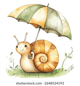 Uma encantadora ilustração aquarela de um caracol segurando um guarda-chuva listrado, de pé na grama, com uma expressão feliz.