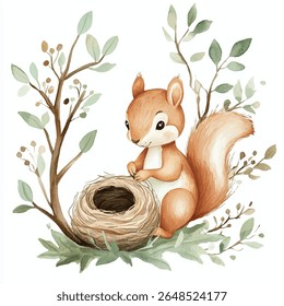A charming watercolor illustration of a squirrel constructing a nest, surrounded by leaves and branches. The squirrel is focused on its task.