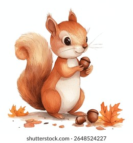 Uma encantadora ilustração em aquarela de um esquilo segurando uma bolota, rodeada por folhas de queda e nozes.