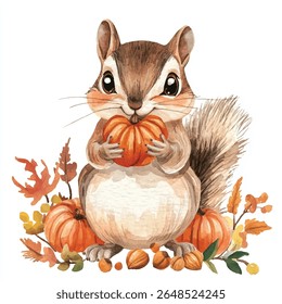 A charming watercolor illustration of a squirrel holding a small pumpkin, surrounded by pumpkins, leaves, and nuts.