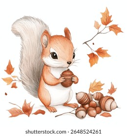 A charming watercolor illustration of a squirrel holding an acorn, surrounded by autumn leaves and a pile of acorns.