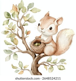 A charming watercolor illustration of a squirrel perched on a tree branch, holding a nest with green objects. The squirrel has a fluffy tail.