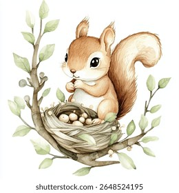 A charming watercolor illustration of a squirrel sitting in a nest, surrounded by branches and leaves. The squirrel is holding something.