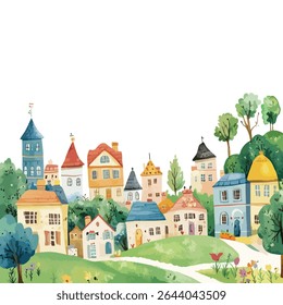 A charming watercolor illustration of a village featuring colorful houses, lush green trees, and winding paths across rolling hills.