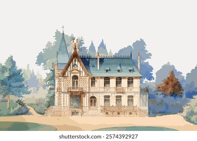 Charming watercolor illustration of a vintage house with intricate details, surrounded by trees. The vintage house exudes a nostalgic, artistic charm.