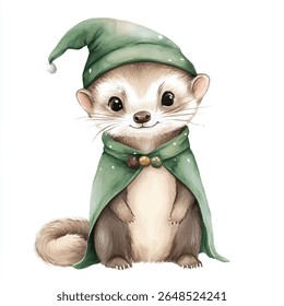 A charming watercolor illustration of a weasel dressed as an elf, wearing a green hat and cape, smiling.