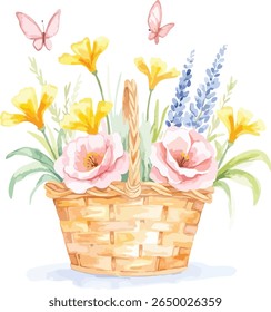 A charming watercolor illustration of a wicker basket overflowing with delicate pink roses, bright yellow flowers, and soft lavender sprigs, all isolated on a transparent background.