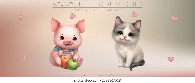 Charming watercolor illustrations of cute home pets. Cats, dogs, and fluffy bunnies.